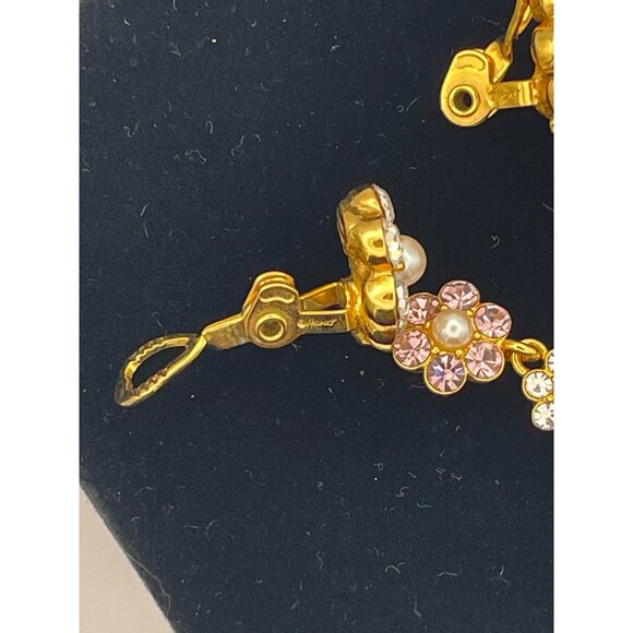 Monet Drop Flowers Clip Back Earrings Rhinestone Faux Pearls - Picture 5 of 10